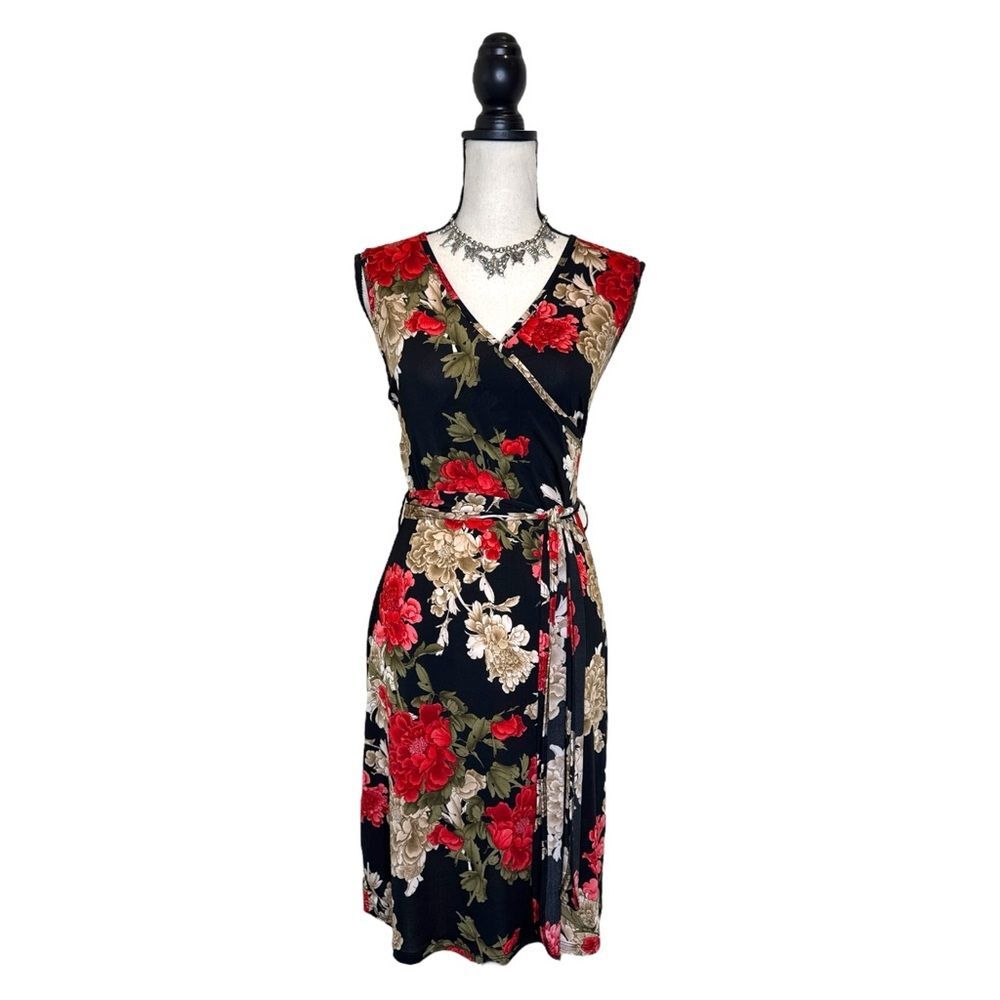 Y2K Charlotte Russe Black + Red Digital Flower V Neck Tie Midi Dress Size Medium